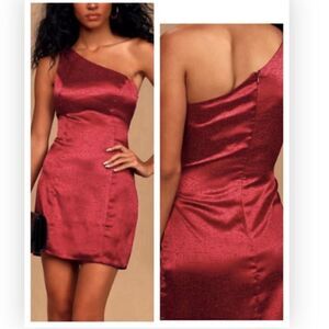 Lulus NWT Lisette Burgundy Satin One-Shoulder Mini Dress Size Small